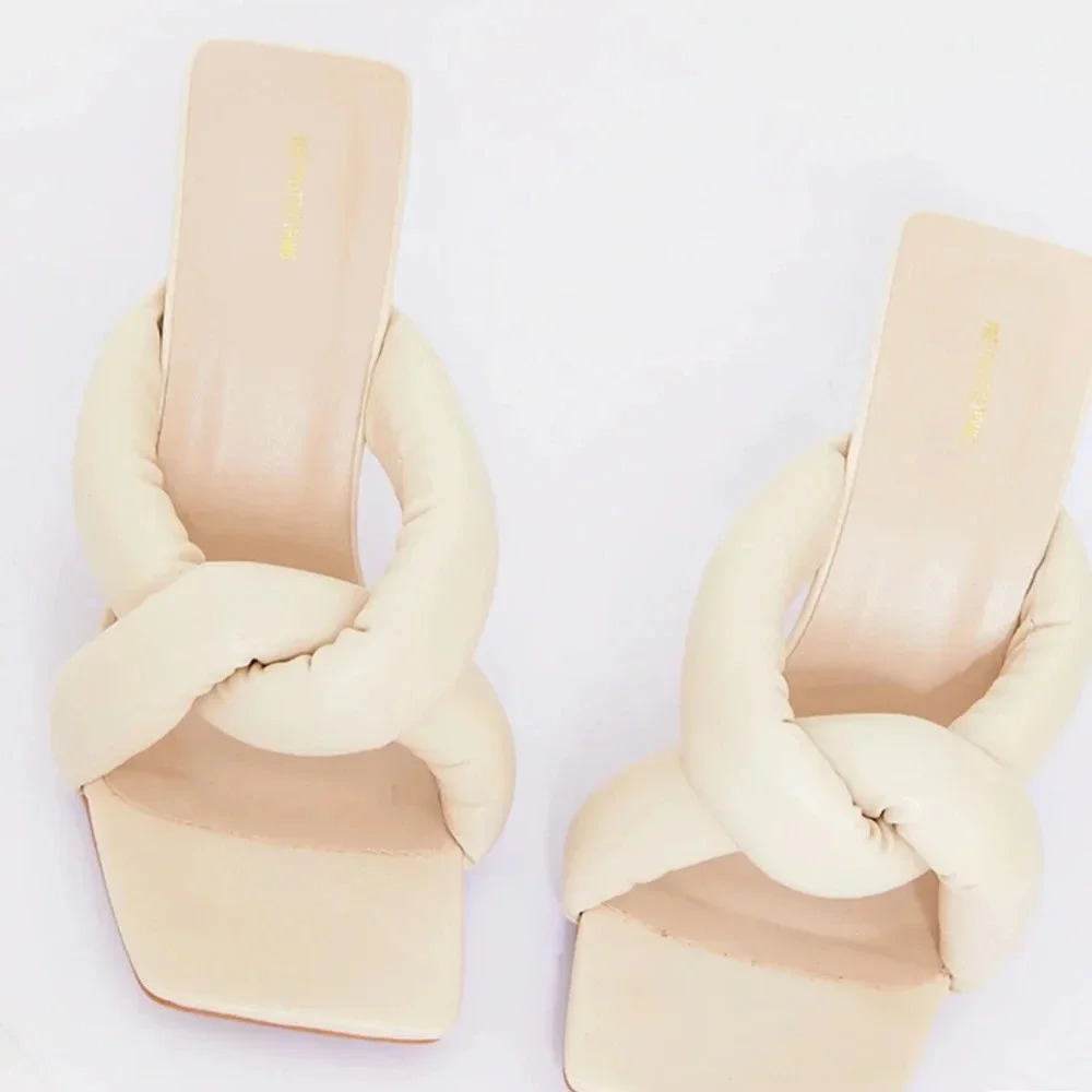 🖤New Pretty Little Things Cream Pu Square Toe Quilted Knot High Heeled Mules🖤